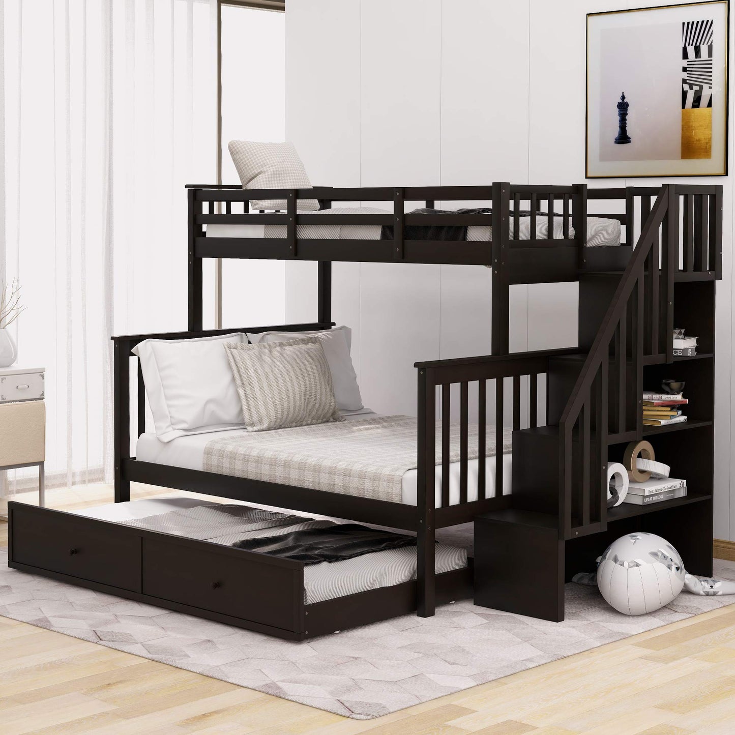 Ball & Cast Twin-Over-Full Bunk Bed with Twin Size Trundle and Storage Ladder,Wood Bunkbed w/Slat Support & Full-Length Guard Rail,Space Saving,Bedframe Furniture for Student Dorms,Studio,Espresso