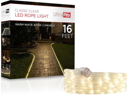 16ft 3000K, 54503 UltraPro LED Rope Lights, Classic Clear Rope, Warm White Light Indoor/Outdoor, Flexible, Linkable