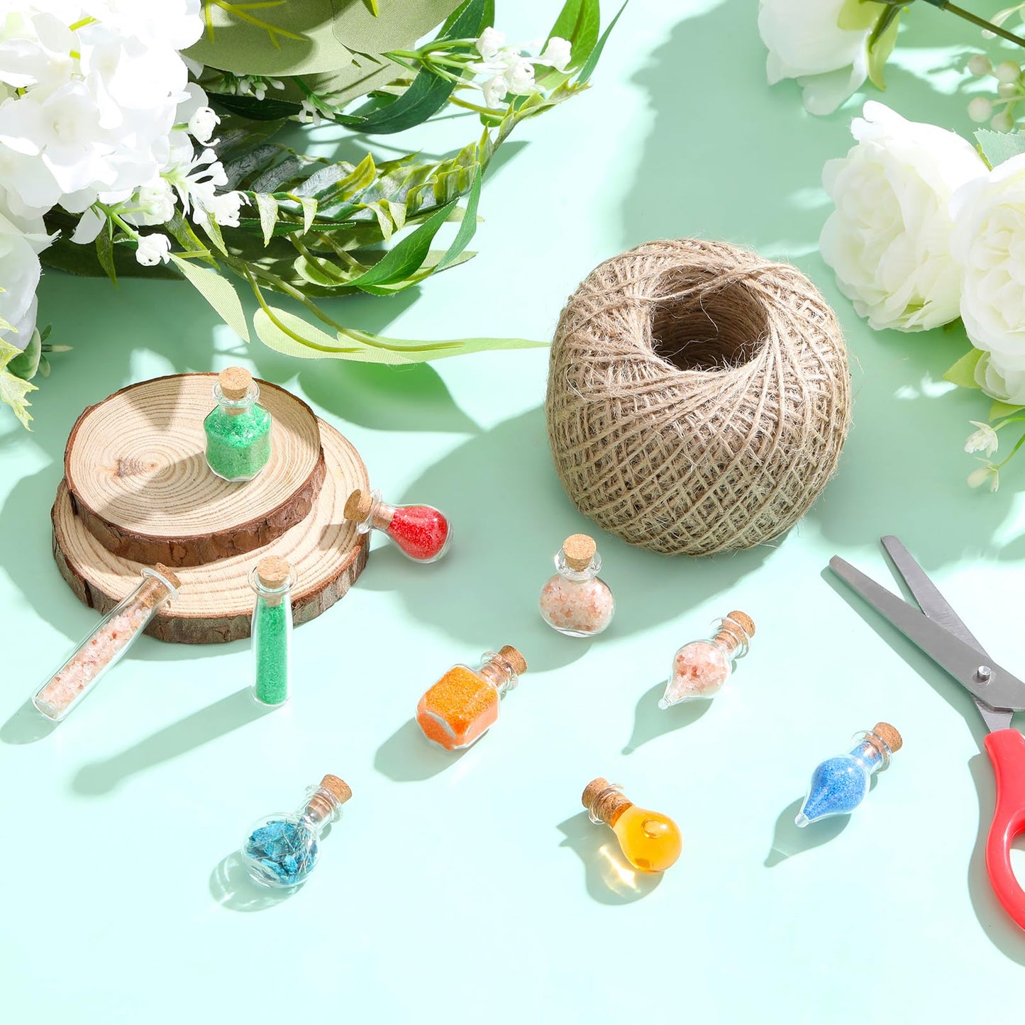 Honeydak 100 Pcs Small Mini Glass Bottles Jars with Cork Stopper Set Potion Bottle Tiny Refillable Wishing Bottles Drifting Bottle with Eye Screw Funnel Rope for DIY Bead Containers, 5 Shapes