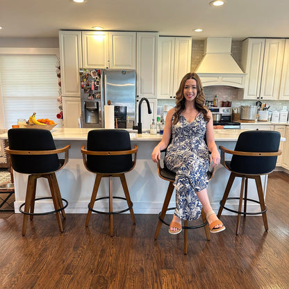 Set of 2 Bar Height Bar Stools - 29.12 inch Swivel Bar Stools with Curved Back and Arms, Walnut Craftsmanship, Upholstered Seat, Mid Century BarStools for Bar/ Pub/Island/Cafe (29" Seat Height, Black)