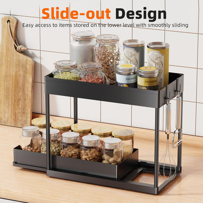 Simple Trending Under Sink Organizer 2 Pack, Sink Pull-Out Sliding Storage Cabinet, 2-Tier Under Shelf Organizer for Kitchen Bathroom, Black