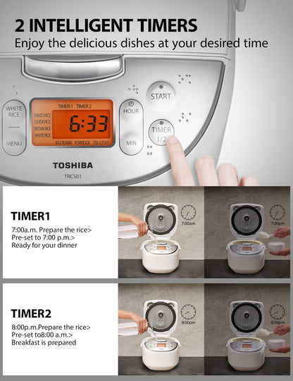 Toshiba Rice Cooker 6 Cup Uncooked – Japanese Rice Cooker with Fuzzy Logic Technology, 7 Cooking Functions, Digital Display, 2 Delay Timers and Auto Keep Warm, Non-Stick Inner Pot, White