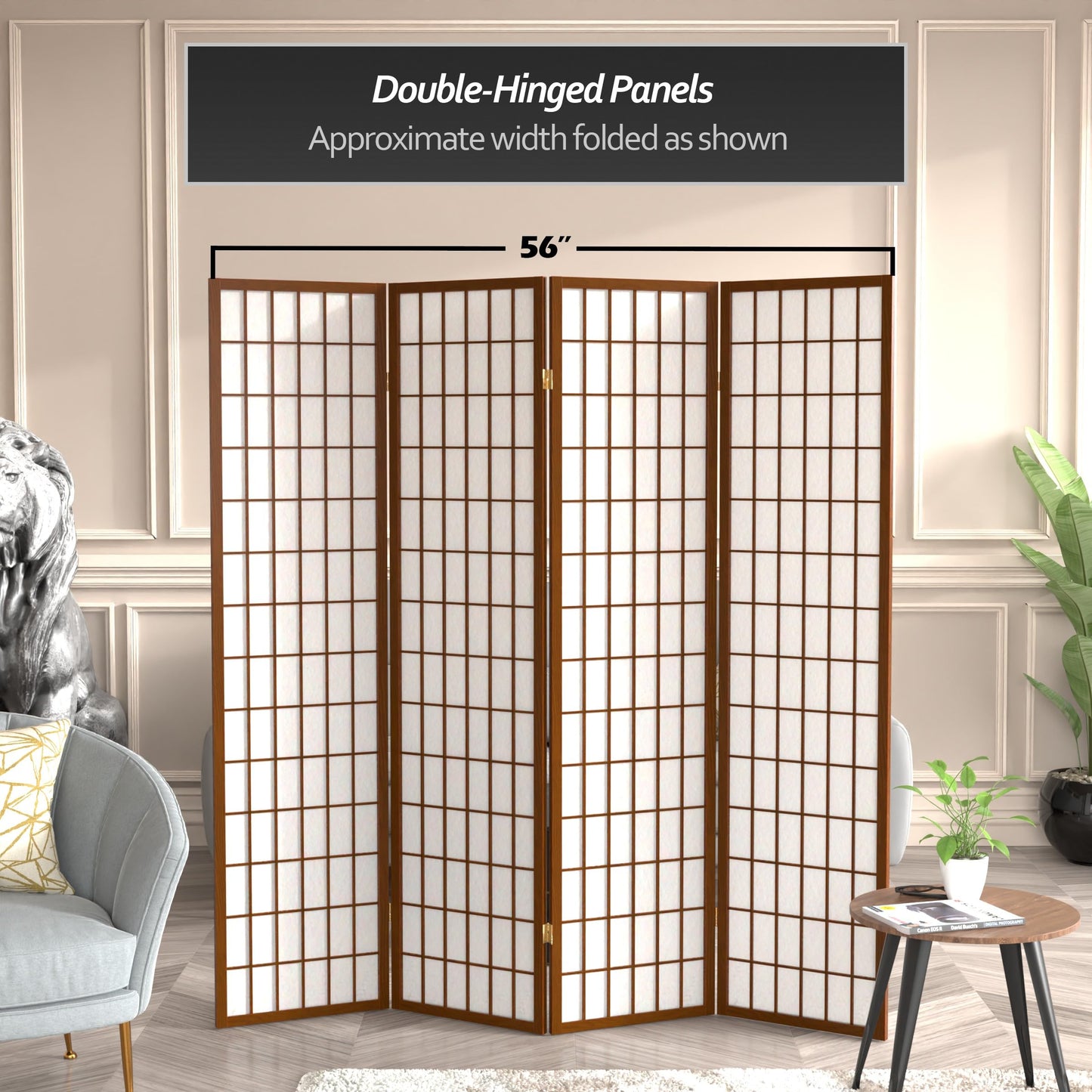 Red Lantern 6 ft. Tall Window Pane Shoji Screen - Walnut - 4 Panels