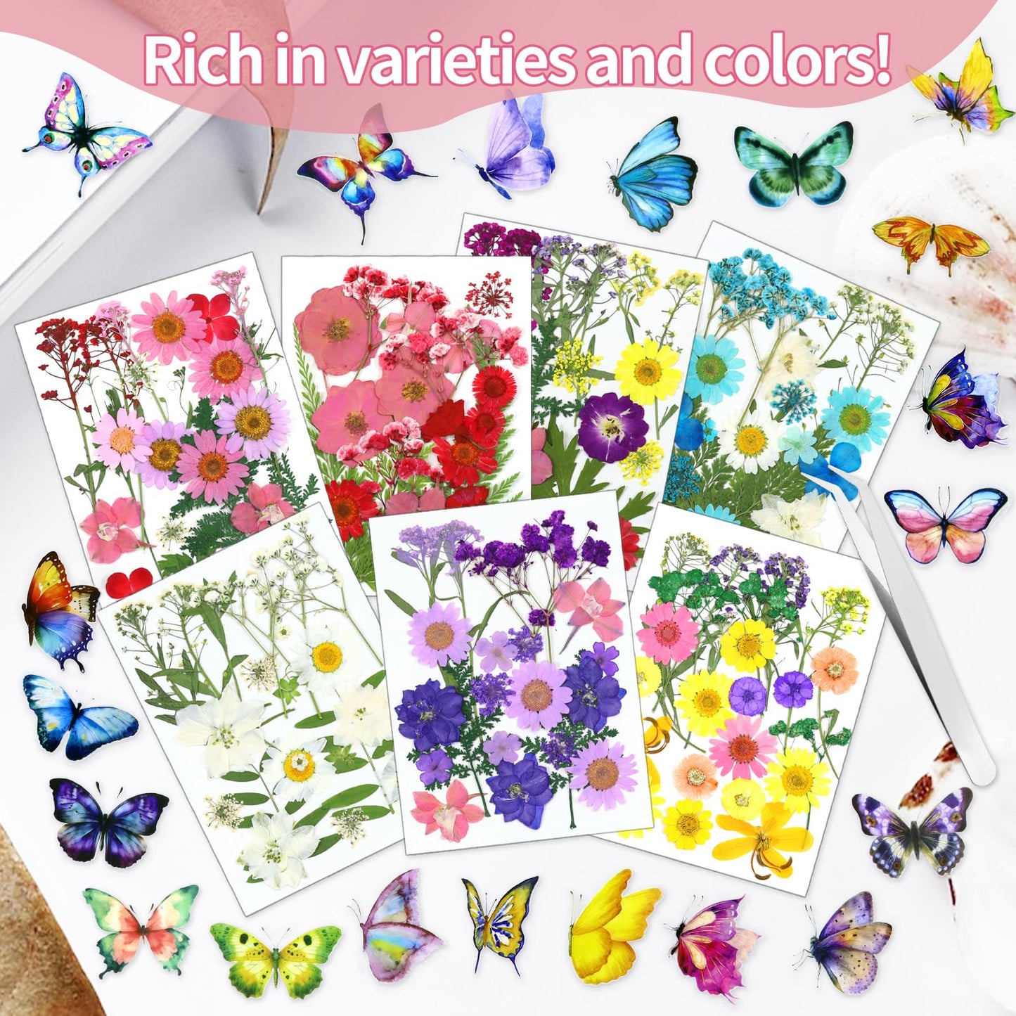 190 Pcs Dried Pressed Flowers for Resin, Real Dried Pressed Flowers for Resin Butterfly Stickers DIY Art with Tweezers Crafts Decorate for Candles Jewelry Nail Crafts