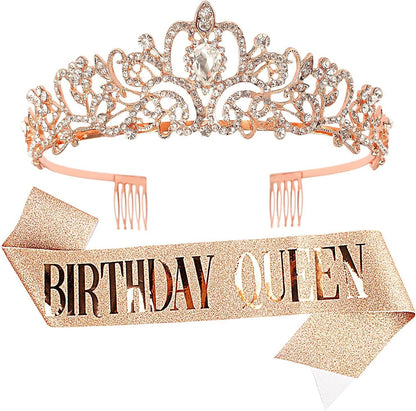 Didder Tiaras for Women, Crystal Rose Gold Birthday Queen Sash, Elegant Princess Crown with Combs for Girls Party