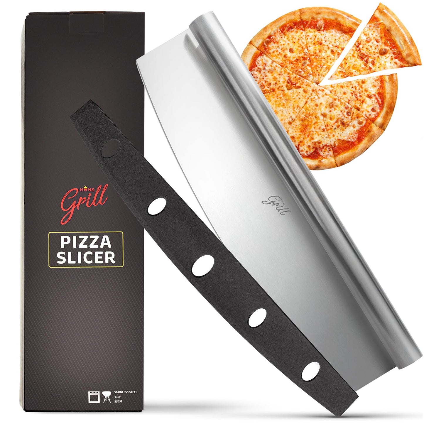 Pizza Cutter Rocker Blade By Hans Grill 14" Large Pizza Slicer Sharp | Stainless Steel Rocking Pizza Knife Cutter | Professional Nonstick Pizza Cutter Rocker Knife With Safety Cover | Dishwasher Safe