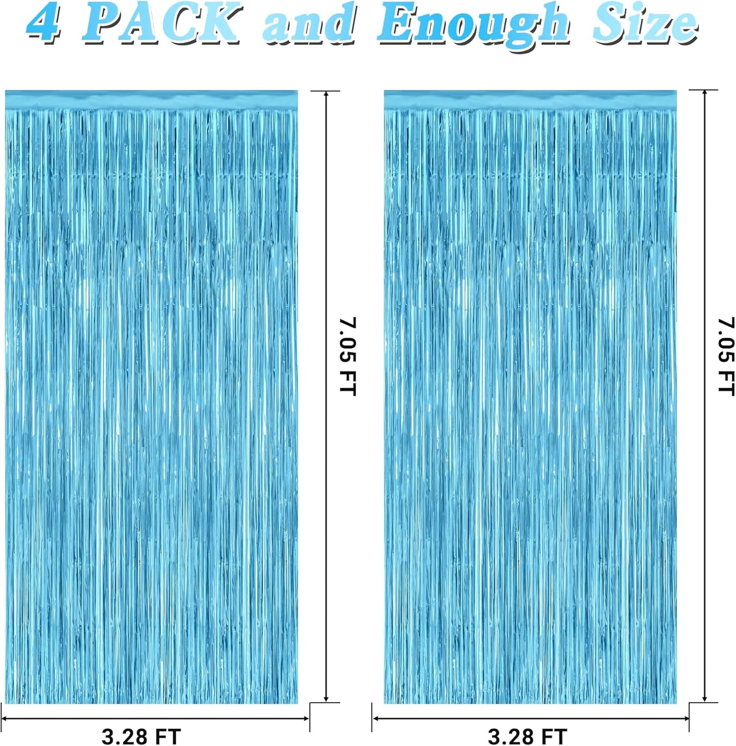 Skiennix Blue Foil Streamers - 4 Pack Metallic Sky Blue Backdrop Fringe Curtains | 3.28 FT x 7.05 FT Birthday & Winter Party Decor