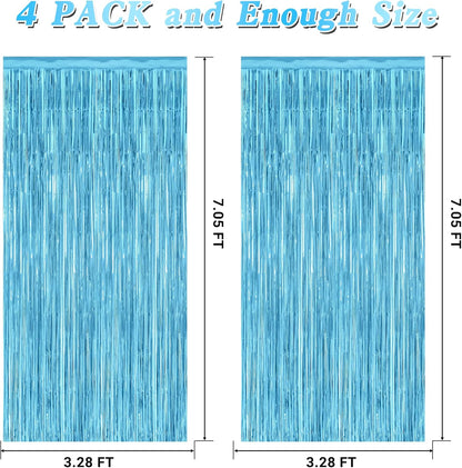 Skiennix Blue Foil Streamers - 4 Pack Metallic Sky Blue Backdrop Fringe Curtains | 3.28 FT x 7.05 FT Birthday & Winter Party Decor
