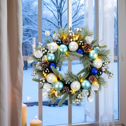 YULETIME 20-inch Christmas Wreath, Battery Operated Holiday Wreath with 20 Fairy Lights, Blue Baubles, Silvery Berries, Pine Cones, Silvery Leaves, Frosted Spruce Branches and Pine Needles (Blue)