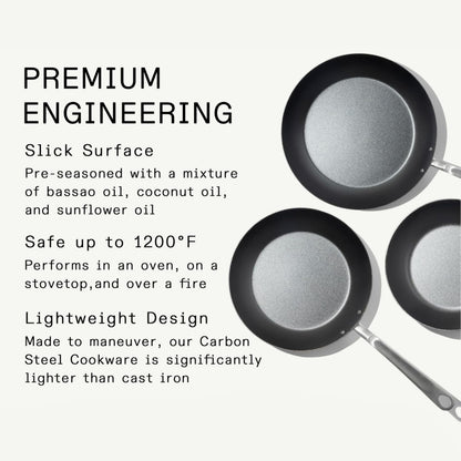 Made In Cookware | 3 Piece (Includes 8",10",12") Seasoned Blue Carbon Steel Frying Pan | Professional Cookware | Crafted in Sweden | Induction Compatible