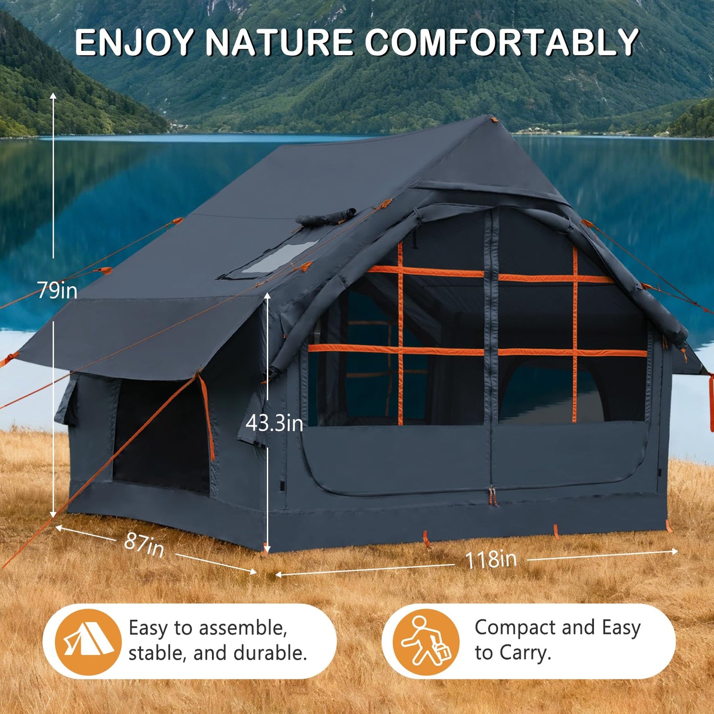 Blow Up Tent with Skylight and Stove Jack,4-6 Person Inflatable Camping Hot Tent with Pump,Easy Setup Family Camping Tent 4 Season Waterproof Outdoor Tents,Grey
