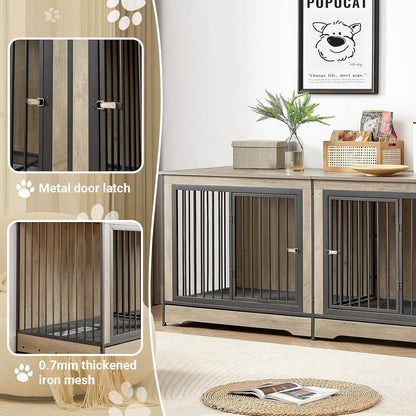 Rovibek 75'' Double Dog Crate Furniture for 2 Large Dogs, Heavy Duty Furniture Style Dog Crates End Table, Wood Crates for Dogs Kennel Indoor with Double Door, Grey