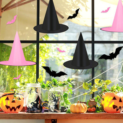 JarThenaAMCS 12Pcs Halloween Witch Hats with 16Pcs 3D Bat Stickers 109 Yard Hanging Rope Pink Black Hanging Witch Caps for Home Party Decoration