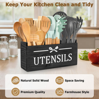 RedCall Wooden Kitchen Utensil Holder for Counter-top,Large Utensil Organizer for Storage Cooking Tool and Silverware,Extra Large Rustic Wood Container (Black)