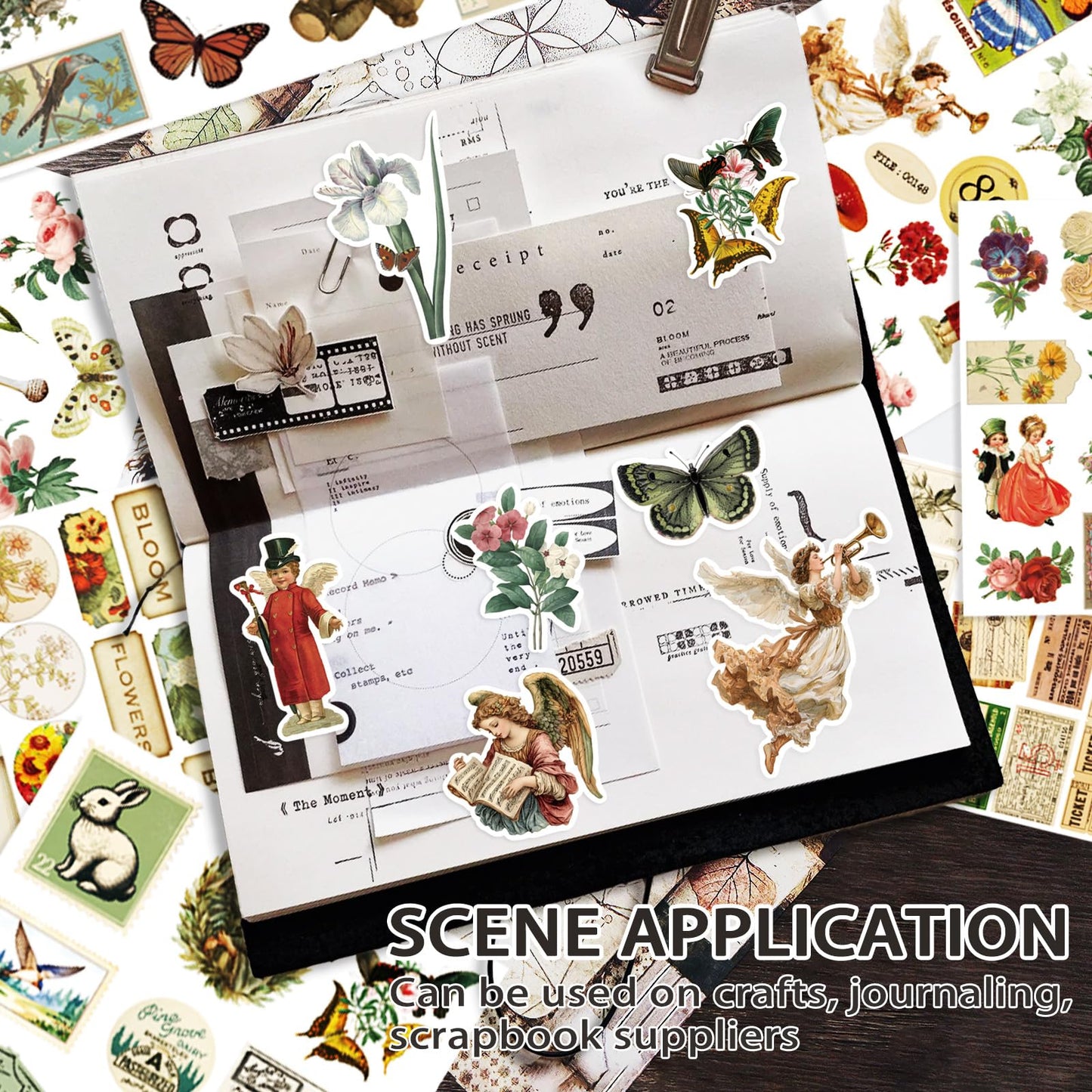 Bomichi Vintage Sticker Book with Washi Paper, Aesthetic Journaling Stickers for Scrapbooking, Bullet Junk Journal, Teen Girl, Water Bottle, Laptop, Planner, DIY Crafts