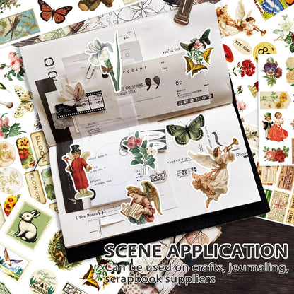 Bomichi Vintage Sticker Book with Washi Paper, Aesthetic Journaling Stickers for Scrapbooking, Bullet Junk Journal, Teen Girl, Water Bottle, Laptop, Planner, DIY Crafts