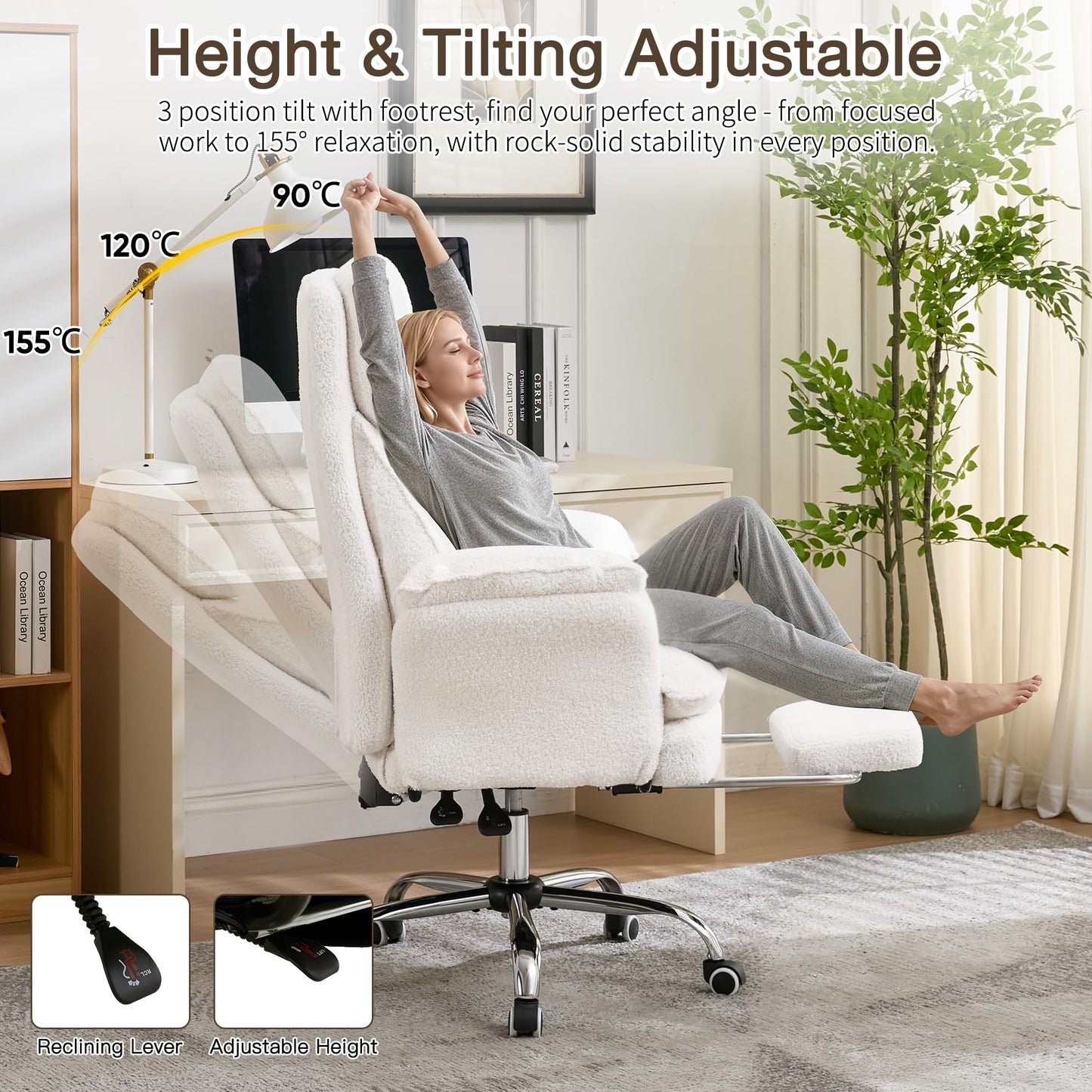 Ergonomic Cloud Cross Legged Office Chair with Footrest,Teddy Fleece Big and Tall Executive Chair with Wheels,Reversible Armrest,155° Reclining Computer Wide Desk Chair for Home,Office (White)