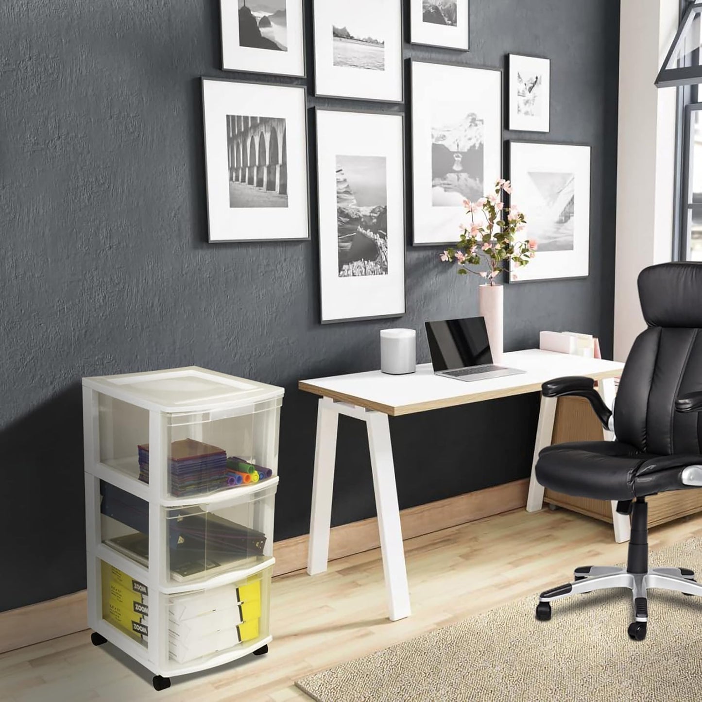 Gracious Living Classic 3 Drawer Organizer Cart, Plastic Storage Dresser with Caster Wheels for Home and Office