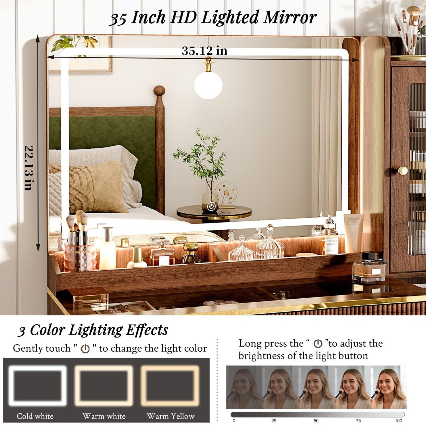 Arulvmrn Vanity Desk with 35.12" HD Lighted Mirror, 46.85" Big Modern Vanity Desk with Mirror and Lights, Makeup Vanity with 7 Drawers and Storage Shelves and Charging Station, Walnut