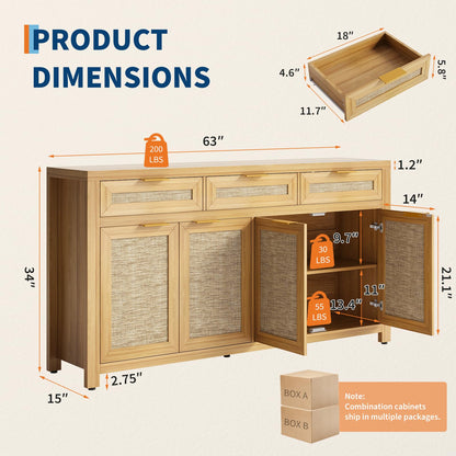 IDEALHOUSE Kitchen Sideboard Buffet Cabinet with Storage, 63in Large Farmhouse Wood Coffee Bar Credenza Cabinet with 3 Drawers and 4 Doors Adjustable Shelves for Living Room, Light Oak