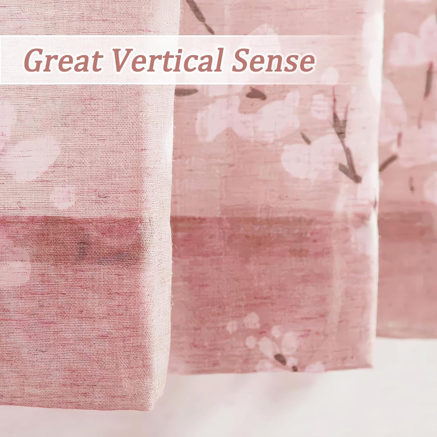 FMFUNCTEX Linen Sheer Curtains, Blush Pink Blossom Patterned, 96 Inches Long, Floral Drapes for Kids Room and Living