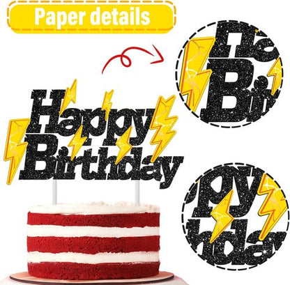 Glitter Black Lightning Bolt Cake Toppers - Happy Birthday Party Decorations for Kids | Weather Theme