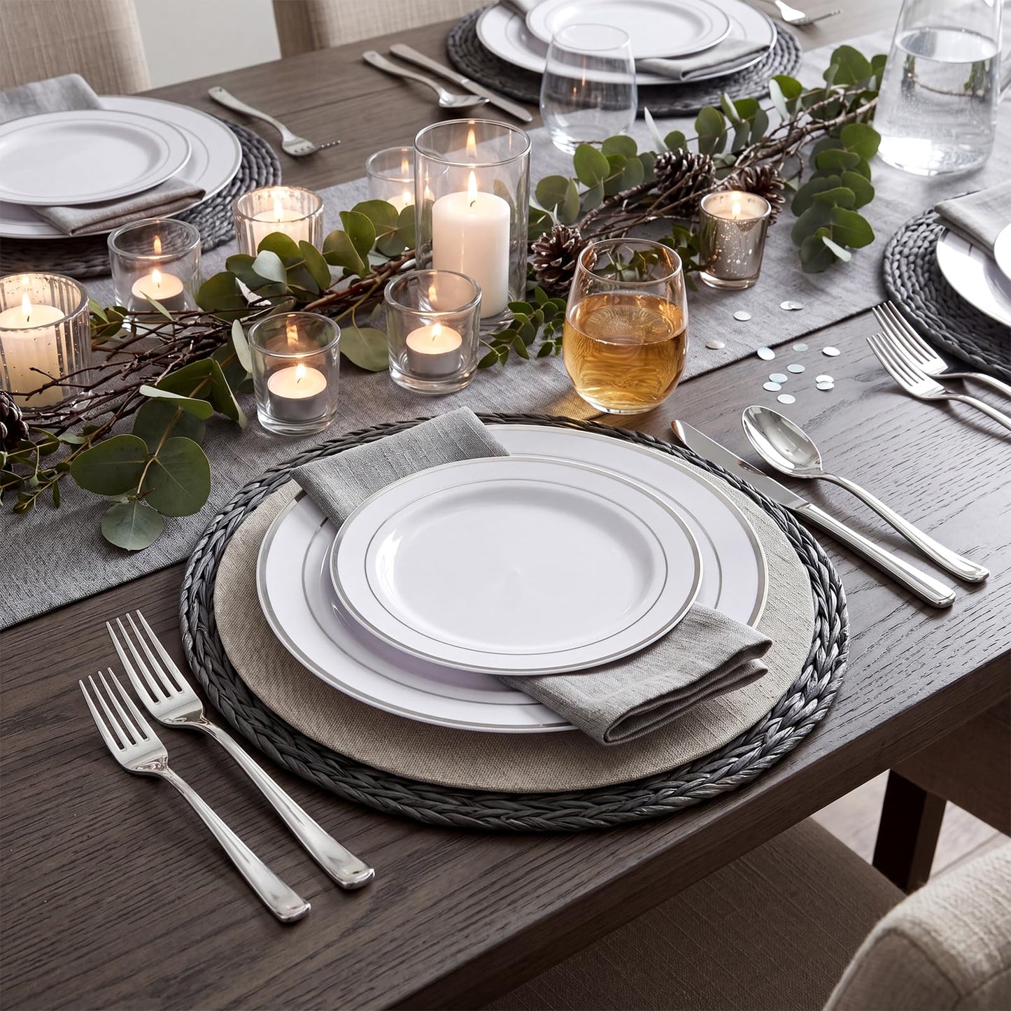 WDF 120PCS Plastic Plates White Silver Rim - Disposable Plates including 60PCS for Dinner 10.25inch, 60 Salad/Dessert Plates 7.5inch Heavy Duty Wedding Party Birthday