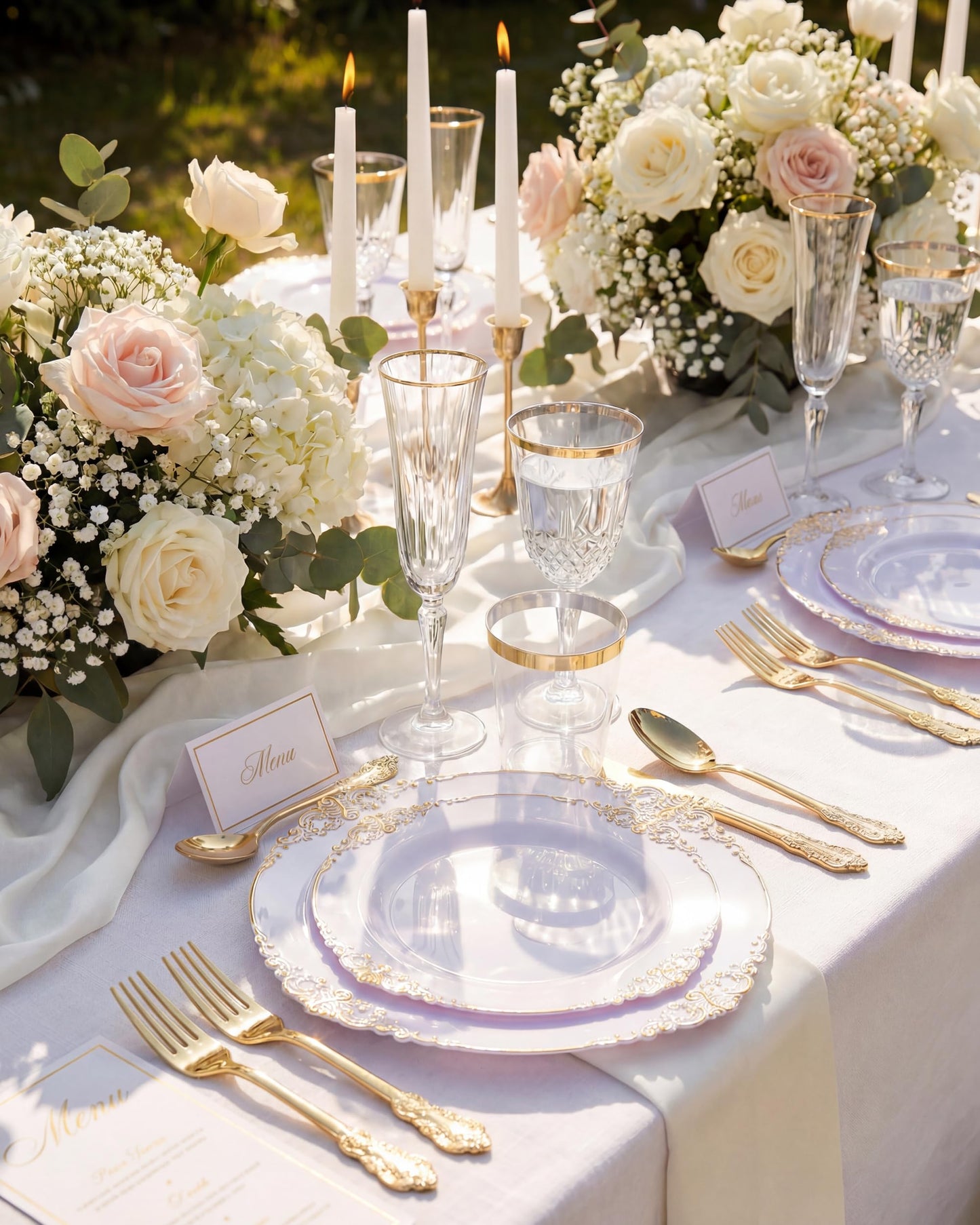 Nervure 350PCS Gold Plastic Plates - Gold Plastic Dinnerware Sets for 50 Guests - 100 Disposable Plates, 150 Silverware, 50 Cups, 50 Napkins for Wedding & Party & Mother's Day