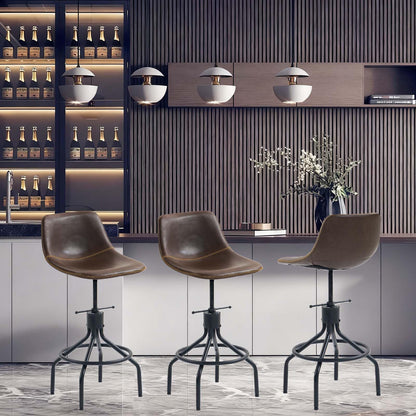 CHIDOCHILO Bar Stools Set of 3, Adjustable Armless Kitchen Island Barstools with Back 26 Inch Swivel Faux Leather Industrial Counter Height Bar Chairs for Dining Room Home Bar D087-Brown-3