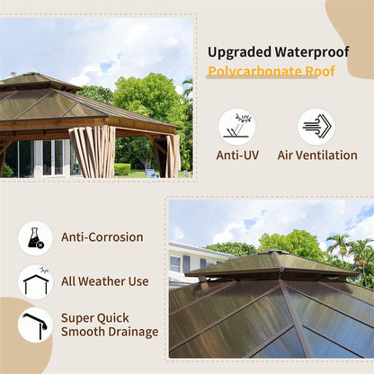 GOWE 12'x12' Hardtop Gazebo, Permanent Outdoor Gazebo with Polycarbonate Double Roof, Aluminum Gazebo Pavilion with Curtain and Net for Garden, Patio, Lawns, Deck, Backyard(Wood-Looking)