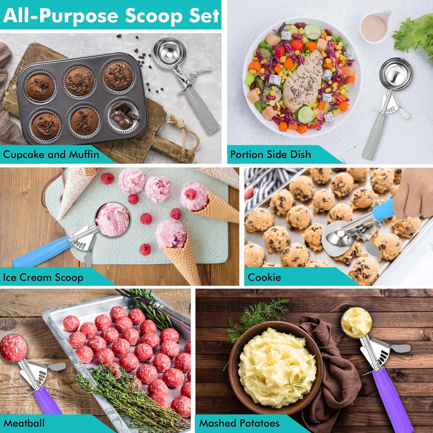 JUNADAEL J Ice Cream Scoop, Cookie Scoop Set, Incluede 1.2 OZ/ 2 OZ/ 4 OZ Scoop, Portion Control For Cookie Dough, Ice Cream, Cupcake, Muffin, Mashed Potatoes, Side Dish, Pancake