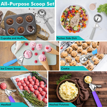 JUNADAEL J Ice Cream Scoop, Cookie Scoop Set, Incluede 1.2 OZ/ 2 OZ/ 4 OZ Scoop, Portion Control For Cookie Dough, Ice Cream, Cupcake, Muffin, Mashed Potatoes, Side Dish, Pancake