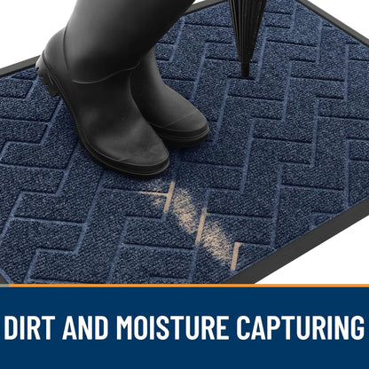 OLANLY Waterproof Front Door Mat - All-Season, Sturdy Natural Rubber, Easy Clean Herringbone Design (Blue, 47x32)