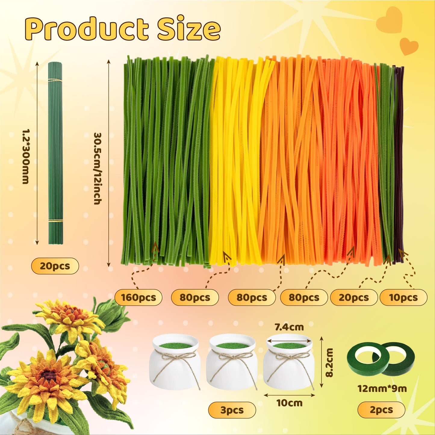 POMBUDS 430 PCS Pipe Cleaners Flower Kit, Sunflower, 6 Bright Color, with Potted Plant Accessories, Durable Chenille Stems Fuzzy Sticks Craft Supplies, Pipe Cleaner for DIY Art and Craft