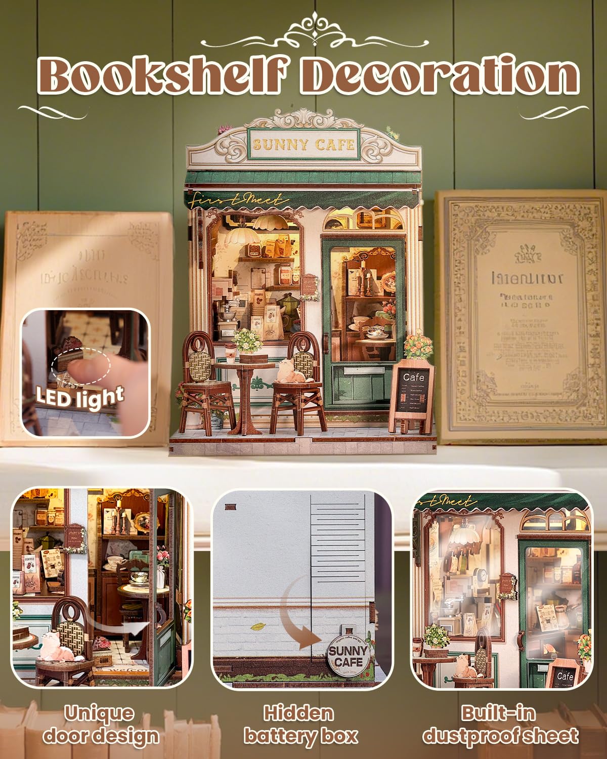 Endless Limit Book Nook Kit, DIY Miniature House Kits for Adult and Teens, Dollhouse Tiny Booknook Garden House Bookshelf, DIY Craft Gifts for Family and Friends（Sunny Cafe)