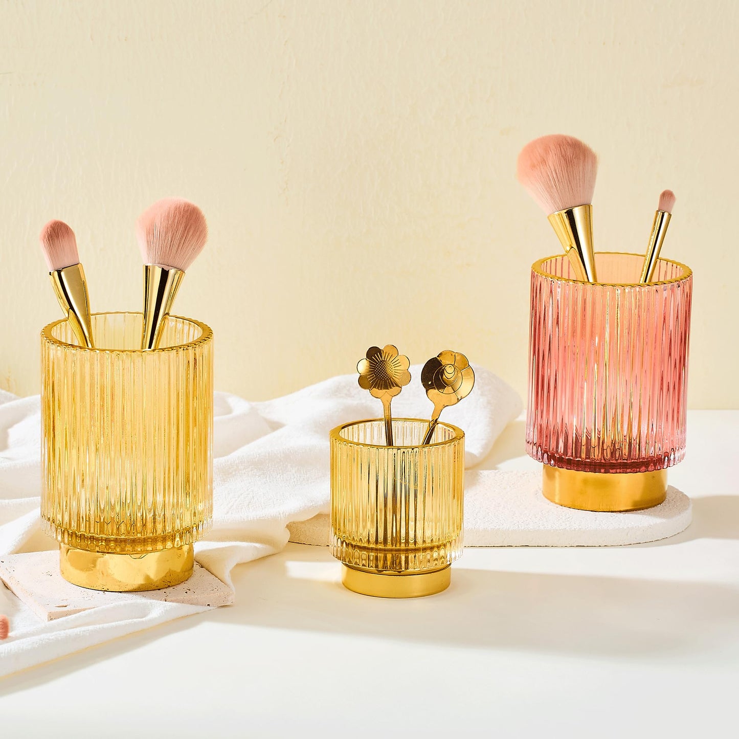 LEICURACE Makeup Brush Holder Organizer,Toothbrush Holders,Desk Pen Pencil Holder,Multifunctional Vintage Glass Brush Cup（L/Gold/A3-7-US）