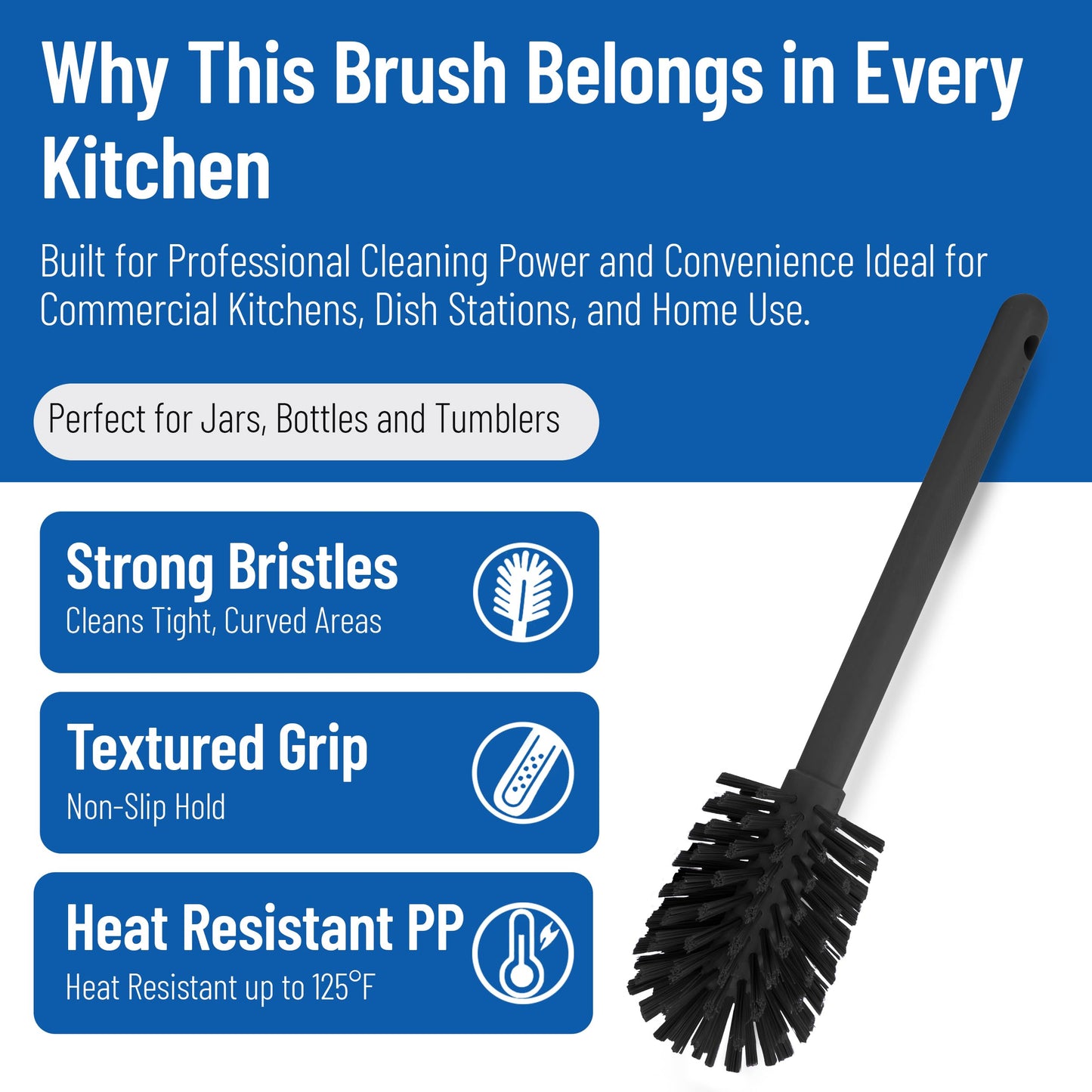 SPARTA 12 Inch Bottle Brush with Polyester Bristles and Plastic Handle, Color Coded, Large Round Head Cleaner for Bottles Jars and Food Service Equipment, Black