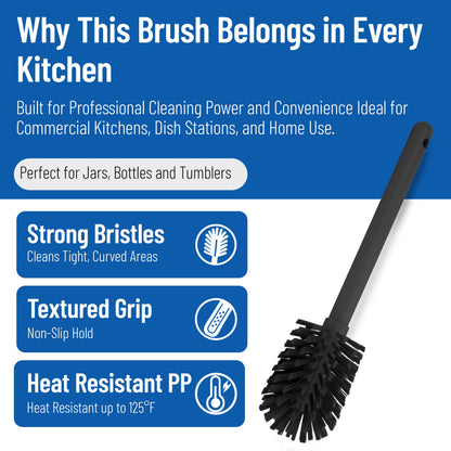 SPARTA 12 Inch Bottle Brush with Polyester Bristles and Plastic Handle, Color Coded, Large Round Head Cleaner for Bottles Jars and Food Service Equipment, Black