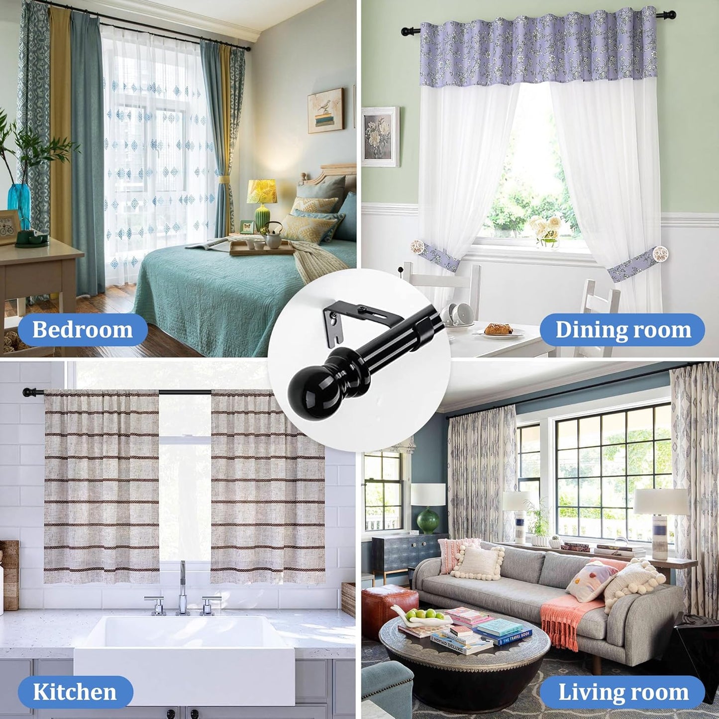 Curtain Rod, 48" - 84" Adjustable Black Curtain Rods for Windows, 1" Diameter with Brackets