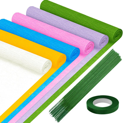 57pcs 6 Rolls Crepe Paper DIY Flower Making Kit, Size 10" x 98" Craft Streamers Include Floral Tape & Stem Wire for Wedding, Party, Festival Decorations for Gift Wrapping & Paper Flowers
