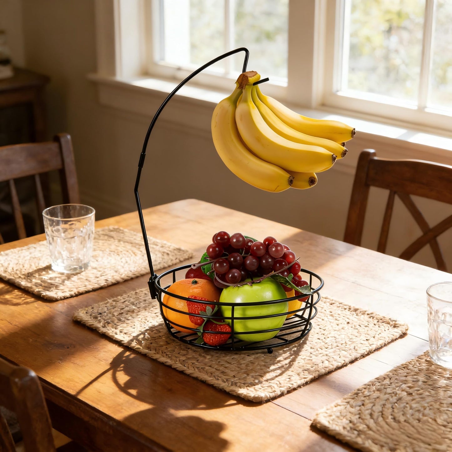 Vituney Fruit Basket for Kitchen Counter - Fruit Bowl with Banana Hanger, Rust-Proof Metal Frutero Produce Fruit Holder for Kitchen
