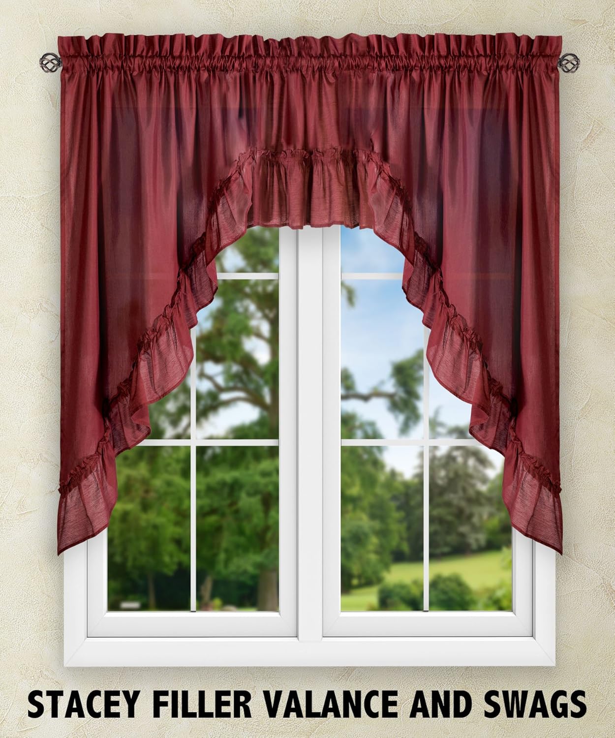 Ellis Curtain Stacey Sheer Tailored Tier Pair Curtains, 56-by-30 Inch, Merlot, 56x30