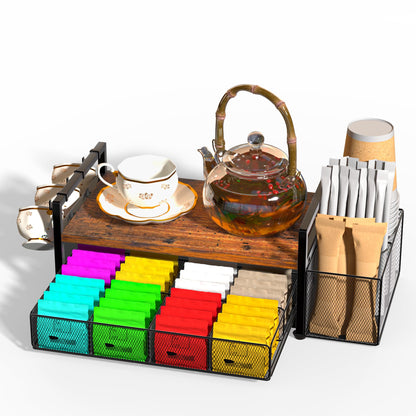 Tea Bag Organizer, Wood Tea Organizers and Storage Chest, Tea Bag Holder with Storage Drawer, 4 Hooks for Tea Cups Holder, Tea Station Chest Display Container Box for Countertop Kitchen, Rustic Brown