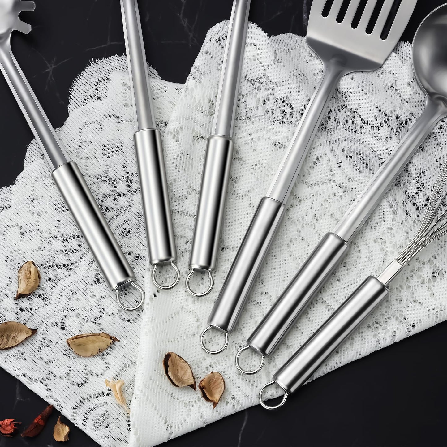Gymdin 6-Piece Kitchen Cooking Utensils Set, Stainless Steel Kitchen Utensils with Suspendable Handle, Spatula, Slotted Turner, Soup Ladle, Slotted Spoon, Whisk, Pasta Server, Dishwasher Safe