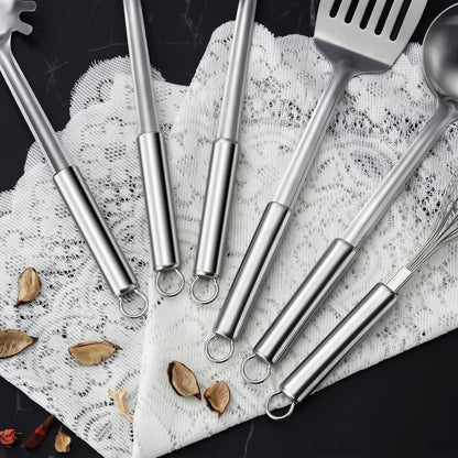 Gymdin 6-Piece Kitchen Cooking Utensils Set, Stainless Steel Kitchen Utensils with Suspendable Handle, Spatula, Slotted Turner, Soup Ladle, Slotted Spoon, Whisk, Pasta Server, Dishwasher Safe