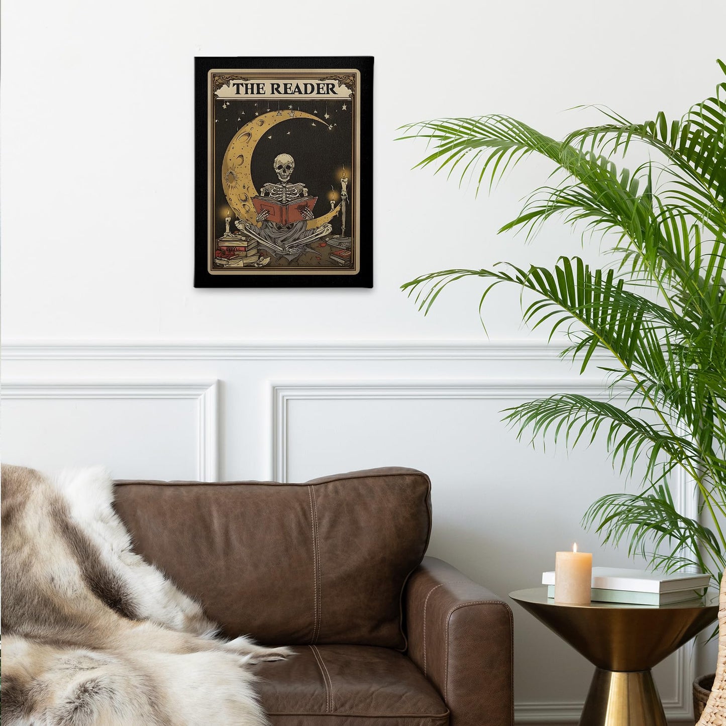 PHAMTE Boho Gothic Skeleton Reading Book Wall Art Decor Canvas 11x14, Celestial Moon Tarot Card Pictures Decorations, Goth Bookish Framed Prints Artwork for Reading Room Corner Nook Library Decor