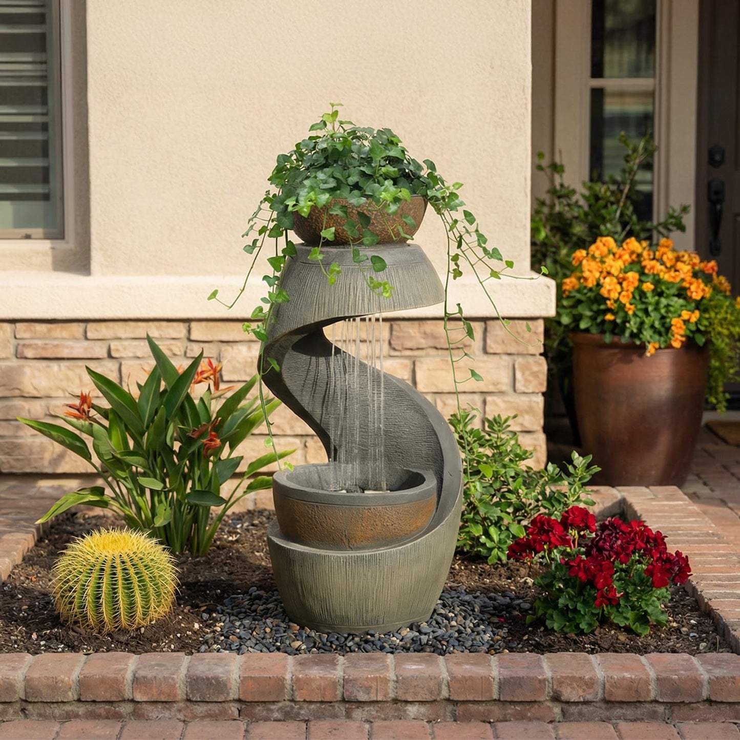 Takamota Outdoor Water Feature Patio Fountain with LED Lights, 31.9" Resin Garden Waterfall Fountain Outdoor, Modern S-Shaped Bowl Design Water Feature for Porch, Garden, Yard, Home Decor, Grey