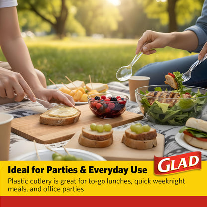 Glad Clear Disposable Cutlery Set with Heavy Duty Plastic Forks, Knives, and Spoons, Reusable Dishwasher Safe Plastic Utensils for Parties and Everyday Use, 240 Count