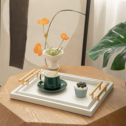 MACVAD Set of 2 Modern Elegant Large Wood Serving Tray, Rectangle Decorative Tray Ottoman Tay Coffee Table Tray, Pearl White Crocodile Leather with Gold Polished Metal Handles