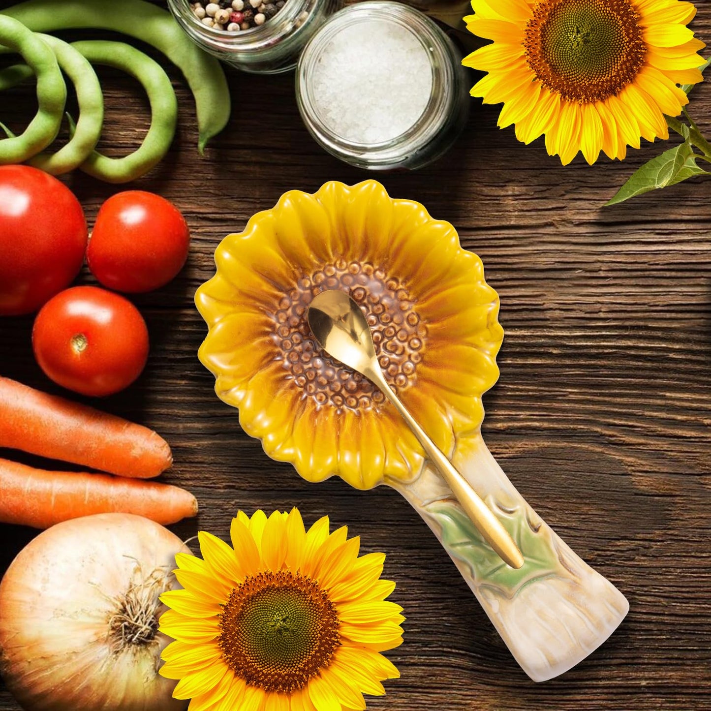 2 Pack Spoon Rest for Stove Top, Sunflower Ceramic Spoon Holder for Kitchen Counter Cooking Utensil Ladle Spatula Holder Cute Spoon Rest Sunflower Kitchen Decor Items House Warming Birthday Gift